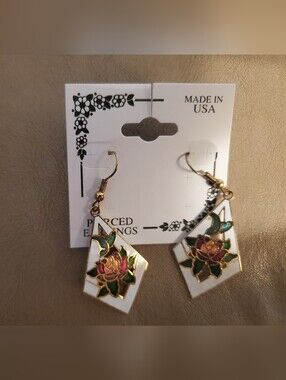 Gold-Tone Floral Cloisonné Drop Earrings - White & Green